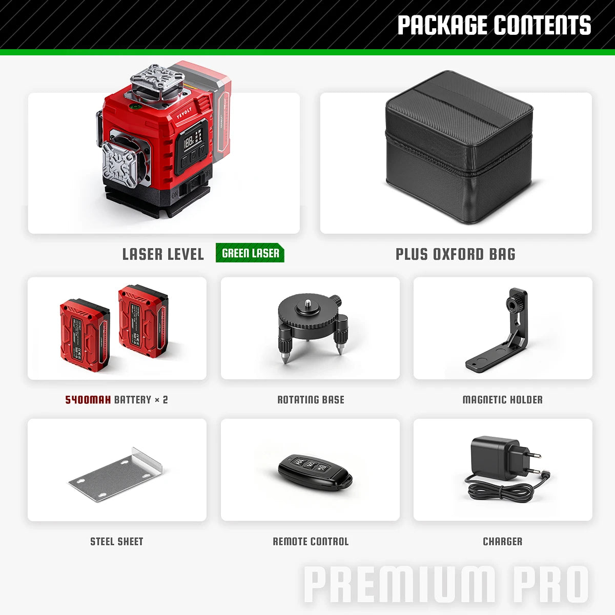 YEVOLT 16‑Line Green Laser Level 4×360° Planes Gravity Self‑Adjust Slope Function Type‑C Power Build & Tile