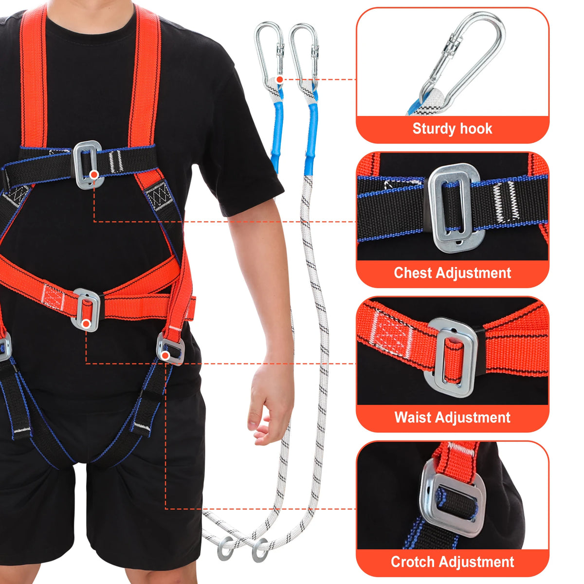 Full-Body Safety Harness Kit with 2m Shock-Absorbing Lanyard & Steel Carabiner