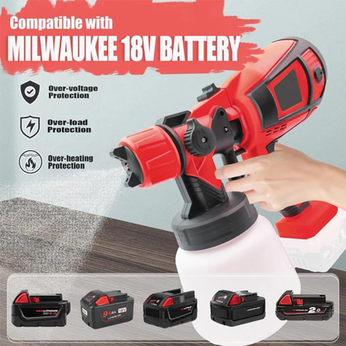 Battery Paint Spray System, 18 V 30000 RPM Wireless Paint Spray Gun, 4 Nozzles and 3 Spray Modes, 1000 ml Container, Electric Spray Gun for Painting Walls, Fences and Ceilings for Milwaukee Battery