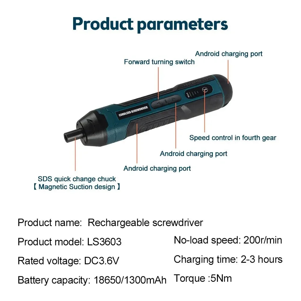 Cordless Mini Electric Screwdriver Rechargeable, 3.6V Power Drill & Bits Set with 1300mAh Battery, Household Repair Tool Kit