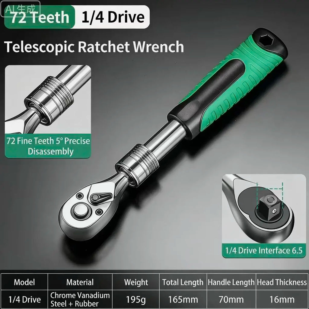72 Teeth Telescopic Ratchet Wrench Set 1/4" 3/8" 1/2" Drive Quick Release Reversible Extendable Handle Universal Socket Wrench A