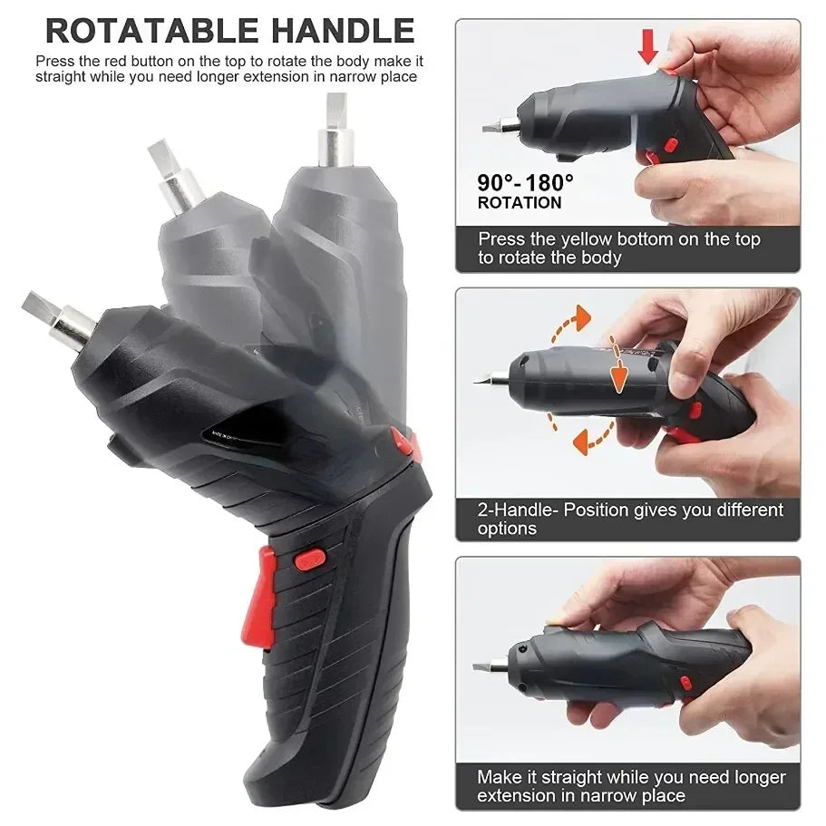 Portable Electric Screwdriver Cordless 2 in 1 Rotated 90 Degrees Rechargeable Screwdriver with LED for Home Office DIY Tools
