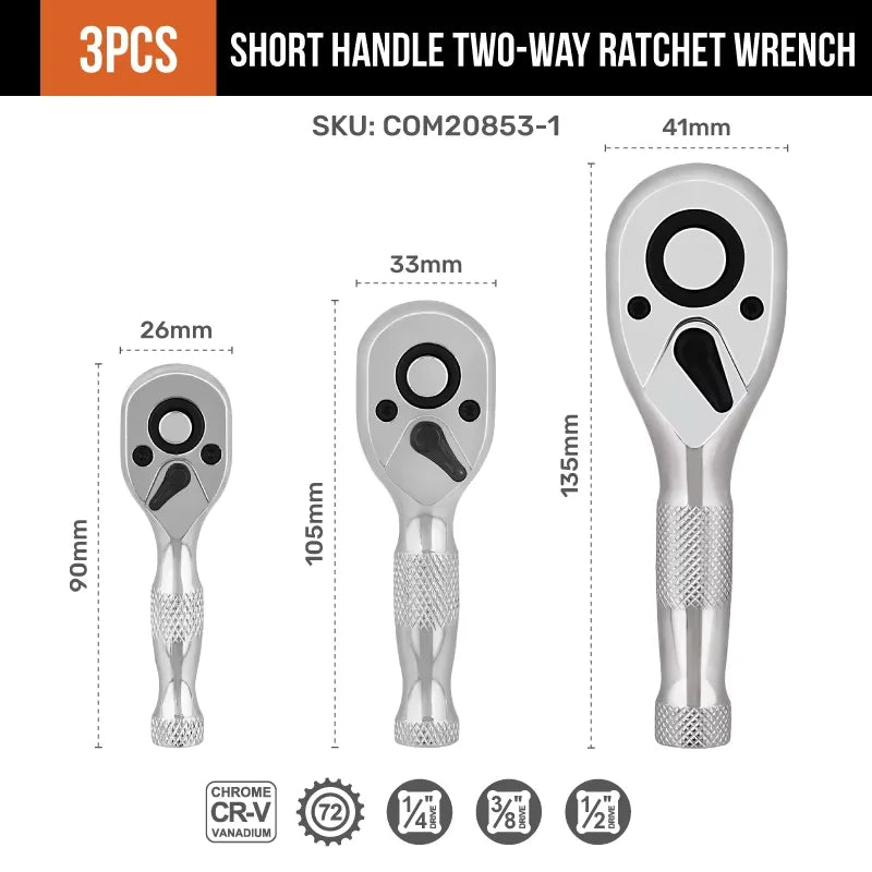 Hi-Spec 1/4" 3/8" 1/2" 72-Tooth Ratchet Wrench Set 2-in-1 Dual Head Reversible Socket Hand Tool for Auto Repair DIY