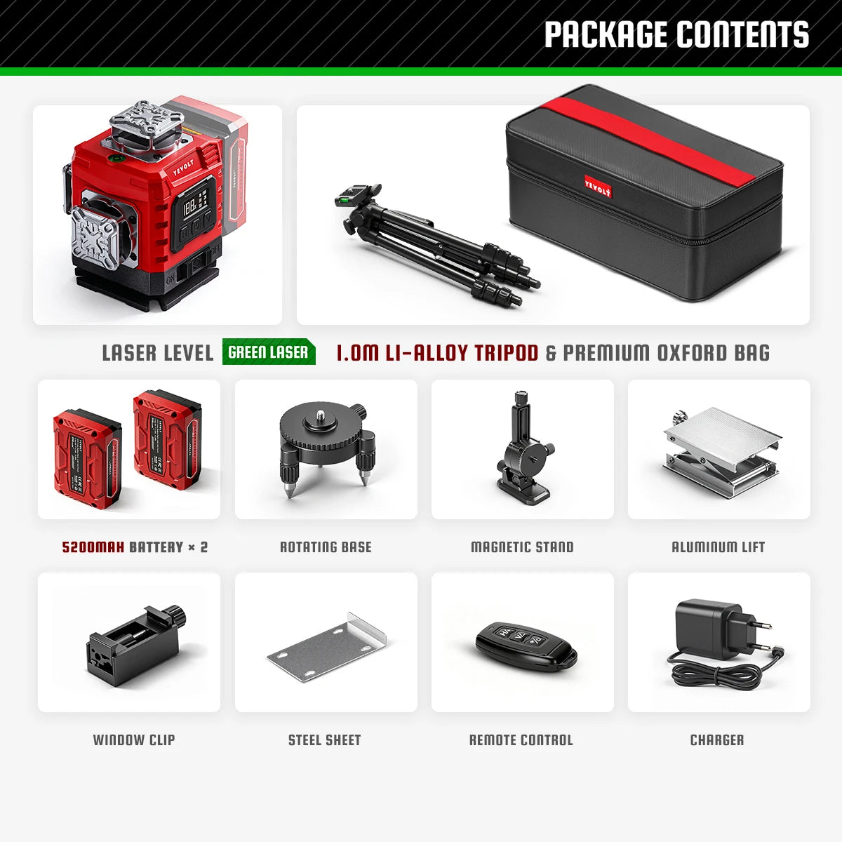 YEVOLT 16‑Line Green Laser Level 4×360° Planes Gravity Self‑Adjust Slope Function Type‑C Power Build & Tile