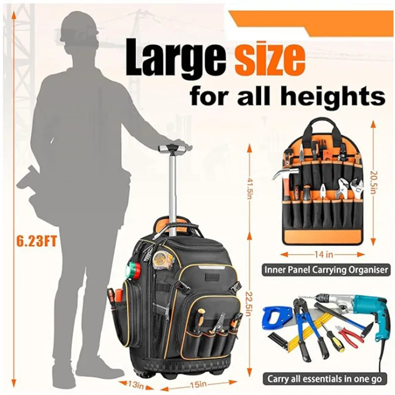 Tool Backpack with Wheels Heavy Duty Tool Bag Large Capacity Rolling Tool-Station Pro Heavy-Duty Organizer Electrician Tool Bag