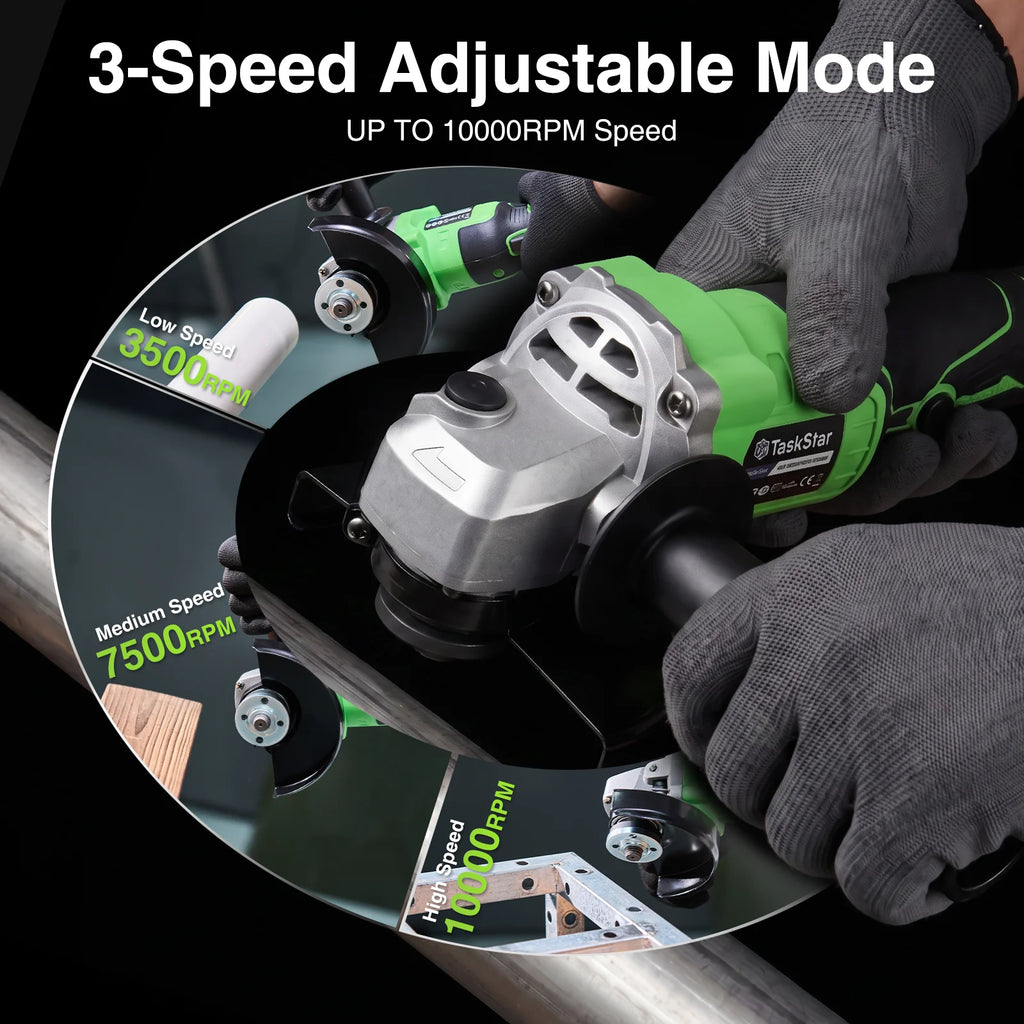 TaskStar 21V Brushless Cordless Angle Grinder Set – 10000 RPM with 2x 4.0Ah Batteries