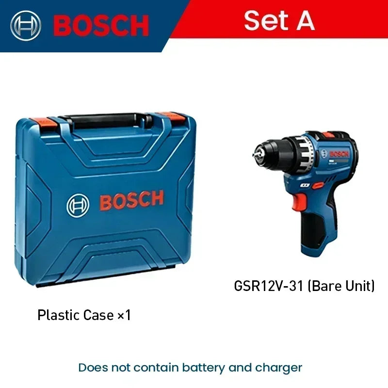 BOSCH GSR12V-31 Cordless Electric Drill Driver Rechargeable Screwdriver Kit High Torque Dual Speed Multifunctional Power Tool