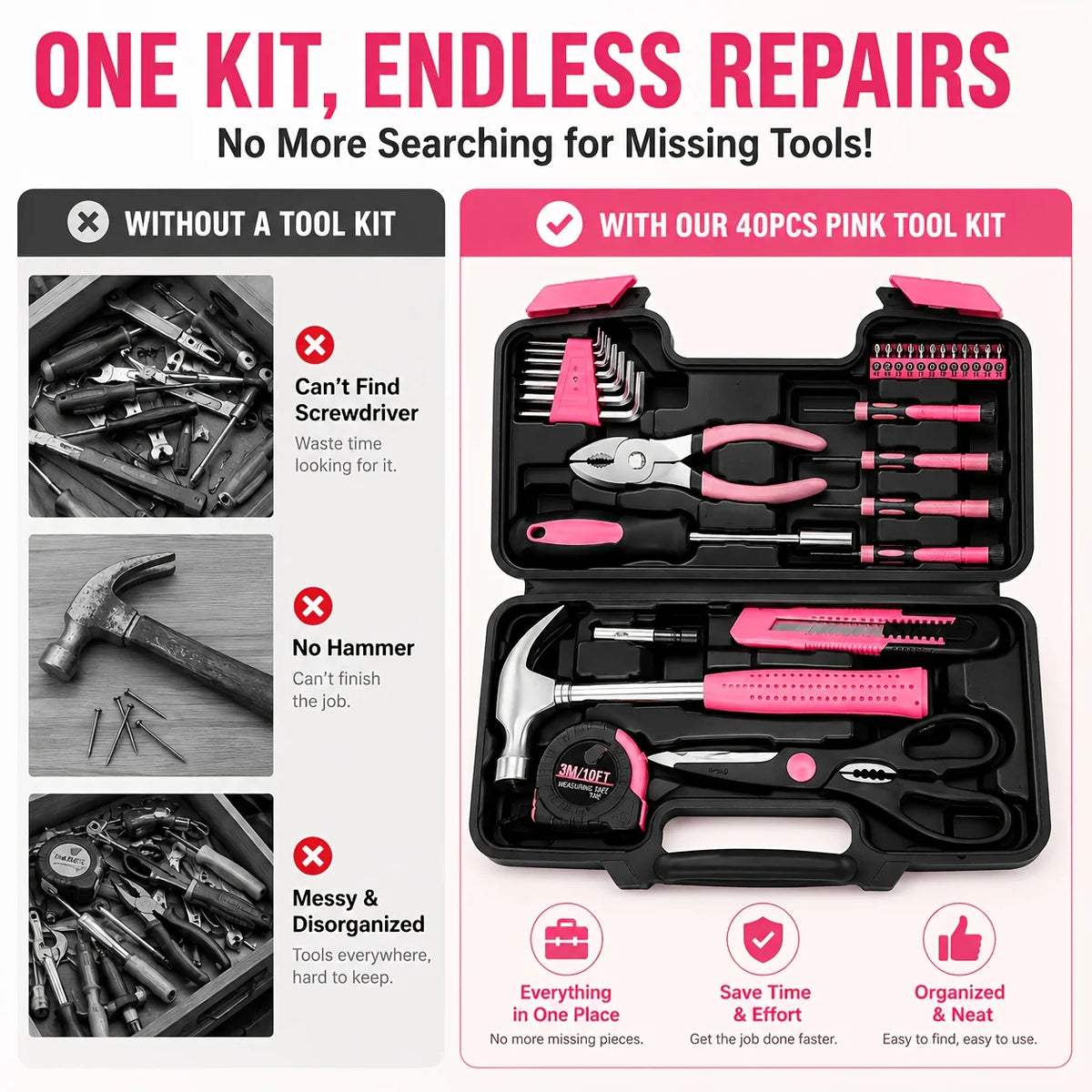 40PCS Pink Household Tool Kit with Storage Case, Hammer Pliers Screwdrivers Hex Keys Tape Measure Utility Knife DIY Repair Set
