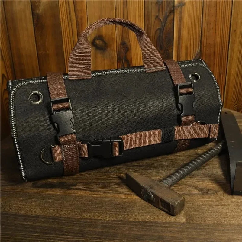 1680D Heavy Duty Waxed Canvas Tool Roll Up Bag, 15-Pockets Professional Organizer for Mechanic Electrician, Waterproof Tool Wrap