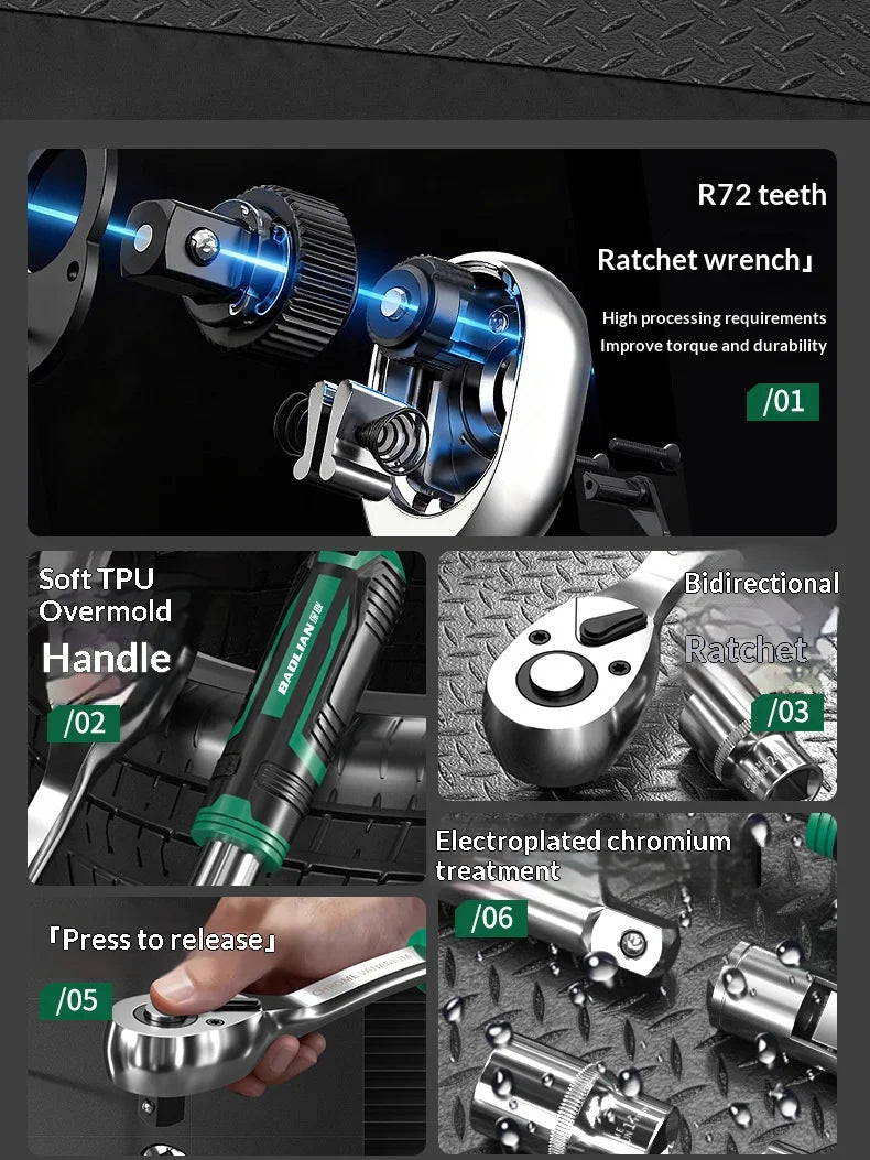 1/4 1/2 Inch Ratchet Sockets Sets 72 Wrench Drive Tooth Tool Novelty Multi-funtion DIY Torque Hand Handle Bicycle Bike Car Kit