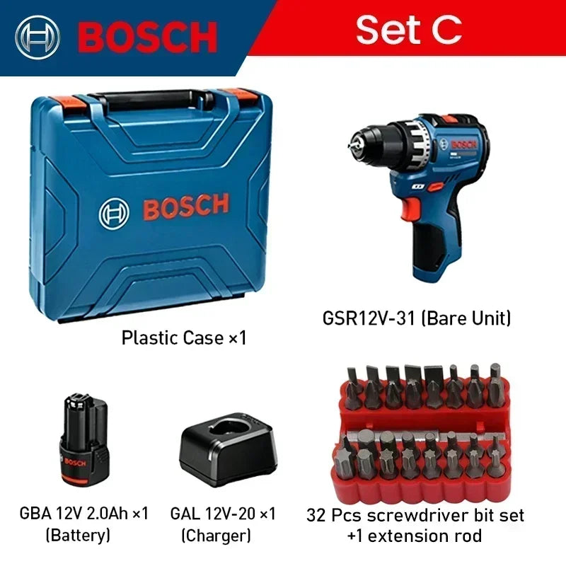 BOSCH GSR12V-31 Cordless Electric Drill Driver Rechargeable Screwdriver Kit High Torque Dual Speed Multifunctional Power Tool