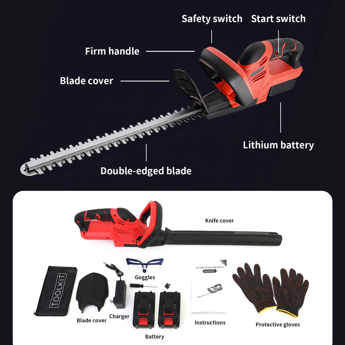 22 Inch Cordless Hedge Trimmer Electric 21V with 3.0Ah Battery 3c Charger Eyewear Gloves for Cutting Trimming Bushes Shrubs