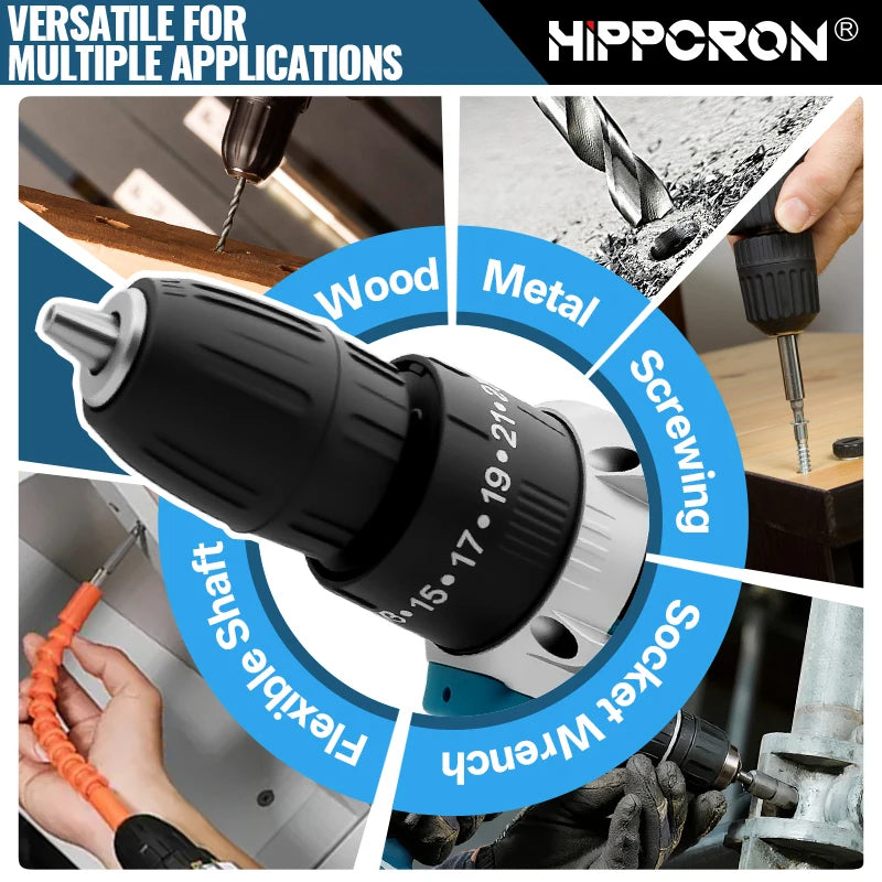 Hippcron Cordless Impact Electric Drill Driver Kit 25+3 Torque Setting 3/8" Keyless Chuck Portable Power Tool Variable Speed