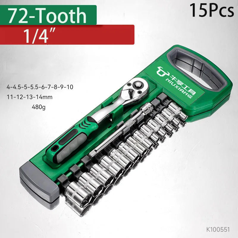 Ratchet Wrench Socket Set 72 Tooth 1/4 3/8 1/2 Inch Quick Release Reversible Handle Multi-function Auto Motorcycle Repair Tool