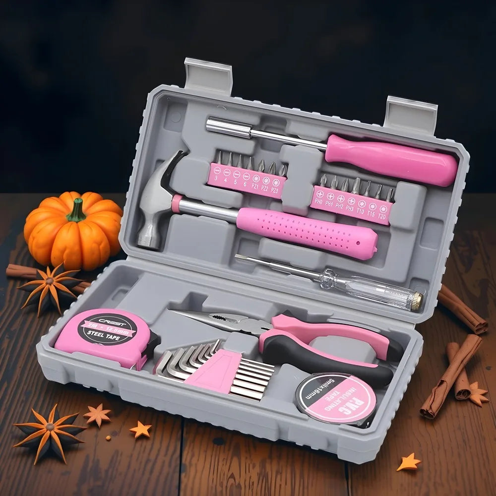 Tool Set 29pc Pink Household DIY Tool Kit for Women. Small Mini Tool Box Set of Starter Basic Ladies Tools