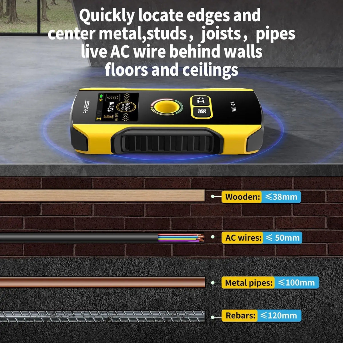 6 in 1 Stud Finder Wall Scanner Wood Drywall Metal AC Wire Joist Pipe Detector TFT Display Rechargeable Deep Scan HPC Chip
