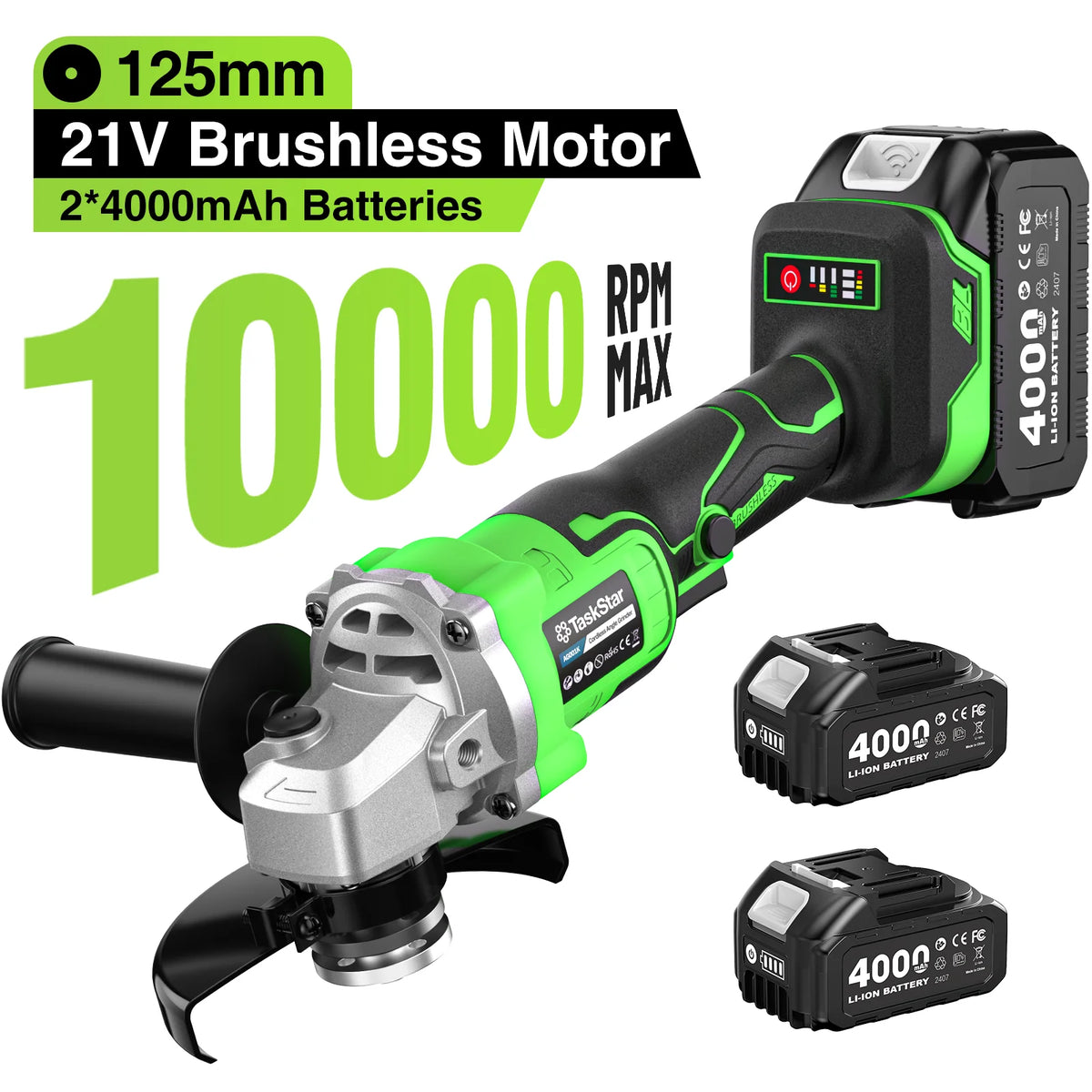 TaskStar 21V Brushless Cordless Angle Grinder Set – 10000 RPM with 2x 4.0Ah Batteries