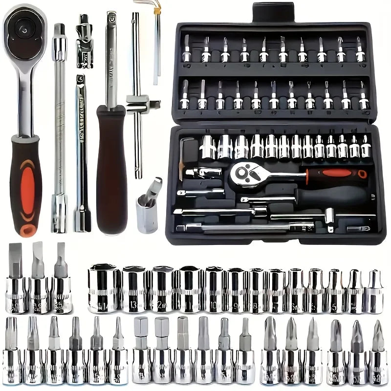46pcs Repair Tool Kit1/4InchSocket Set with Ratchet Torque Wrench Auto Mechanic Repair Tools for Cars and Automotive Maintenance