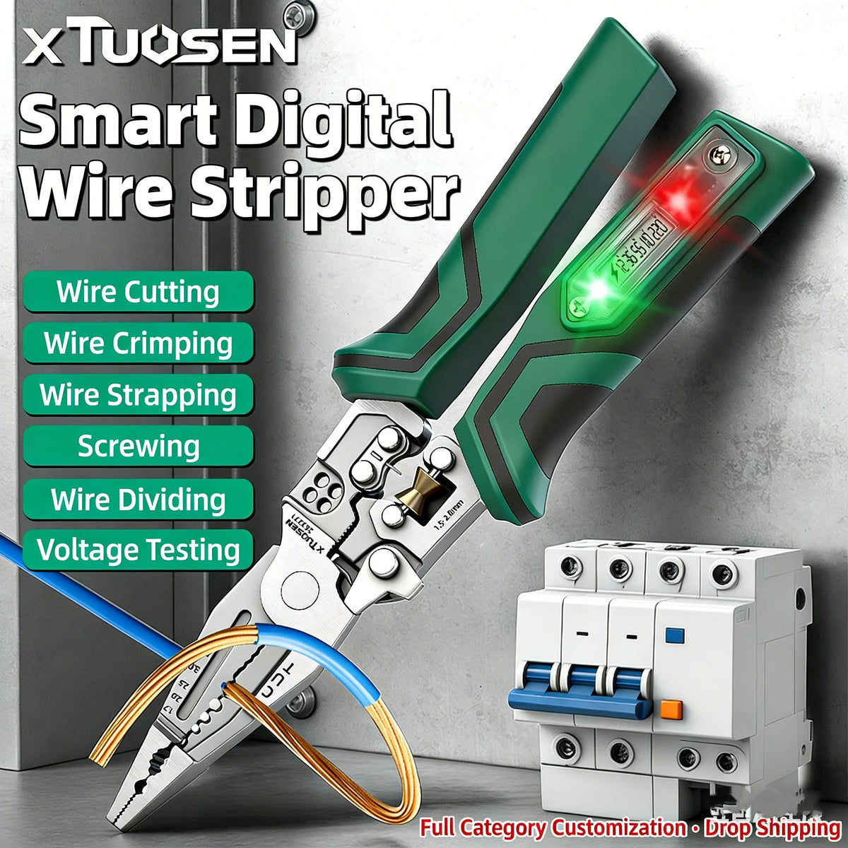 TUOSEN Electrician Multi-Tool Set with Voltage Tester Wire Stripper Pliers for Wrapping Winding Crimping - Durable Tool Kit