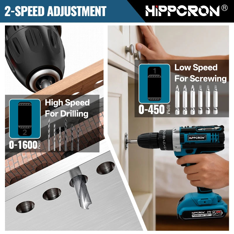 Hippcron Cordless Impact Electric Drill Driver Kit 25+3 Torque Setting 3/8" Keyless Chuck Portable Power Tool Variable Speed