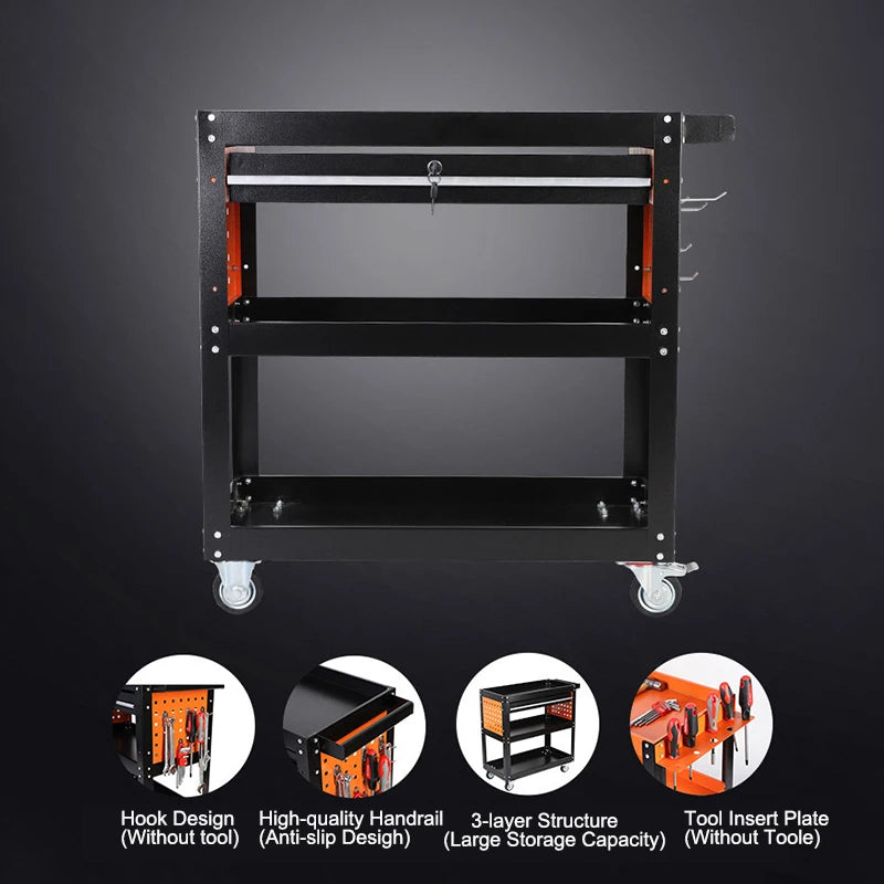 Heavy-Duty 3-Tier Rolling Workshop Tool Trolley with Pegboard