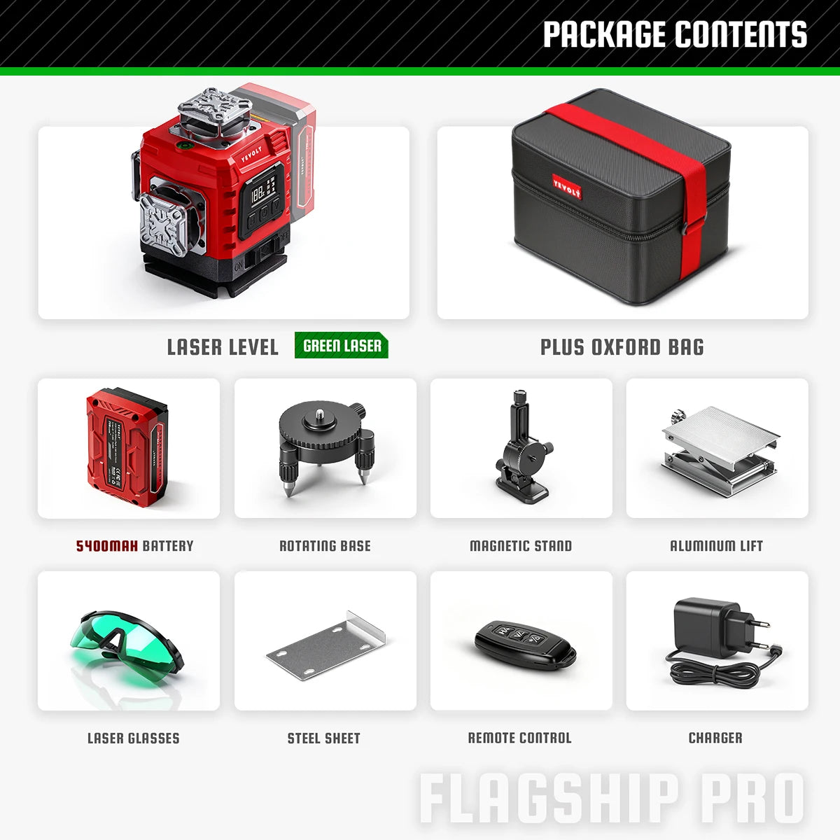 YEVOLT 16‑Line Green Laser Level 4×360° Planes Gravity Self‑Adjust Slope Function Type‑C Power Build & Tile