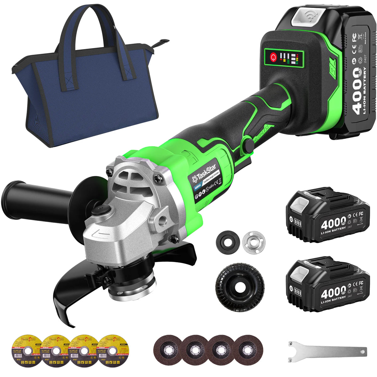 TaskStar 21V Brushless Cordless Angle Grinder Set – 10000 RPM with 2x 4.0Ah Batteries