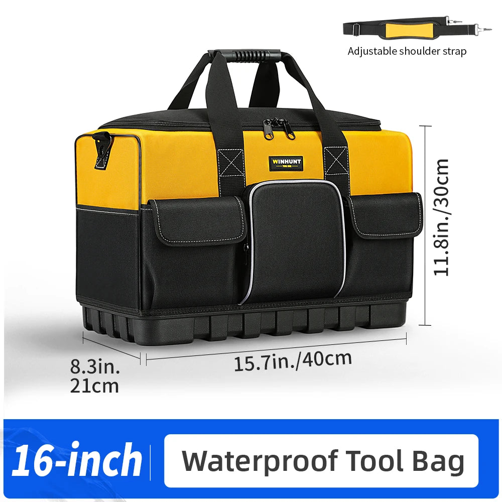 Heavy-Duty Tool Bag with Wide Mouth & Molded Bottom - Adjustable Shoulder Strap, Durable Polyester, Yellow/Black