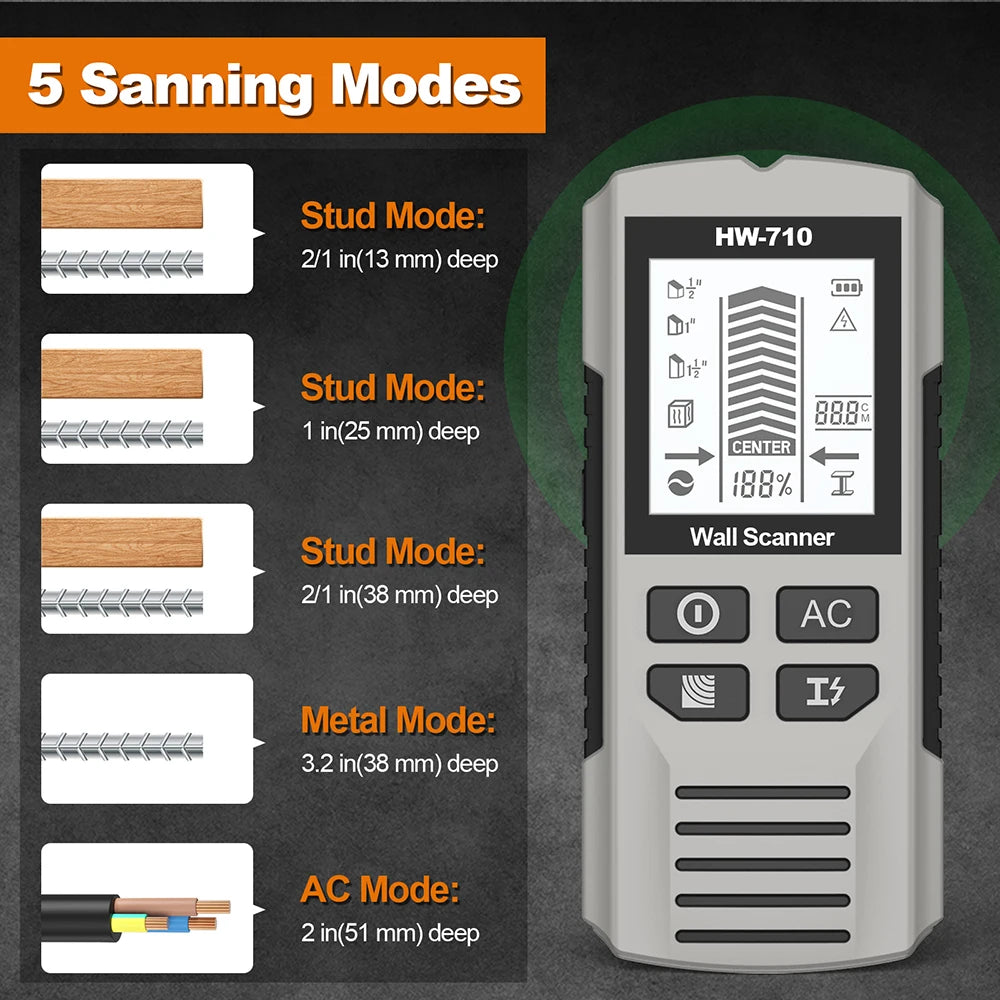 Multifunctional Wall Scanner Detector 6 in 1 LCD Digital Find Stud Wood Metal AC Wire Live Cable Detector Stud Finder Sensor