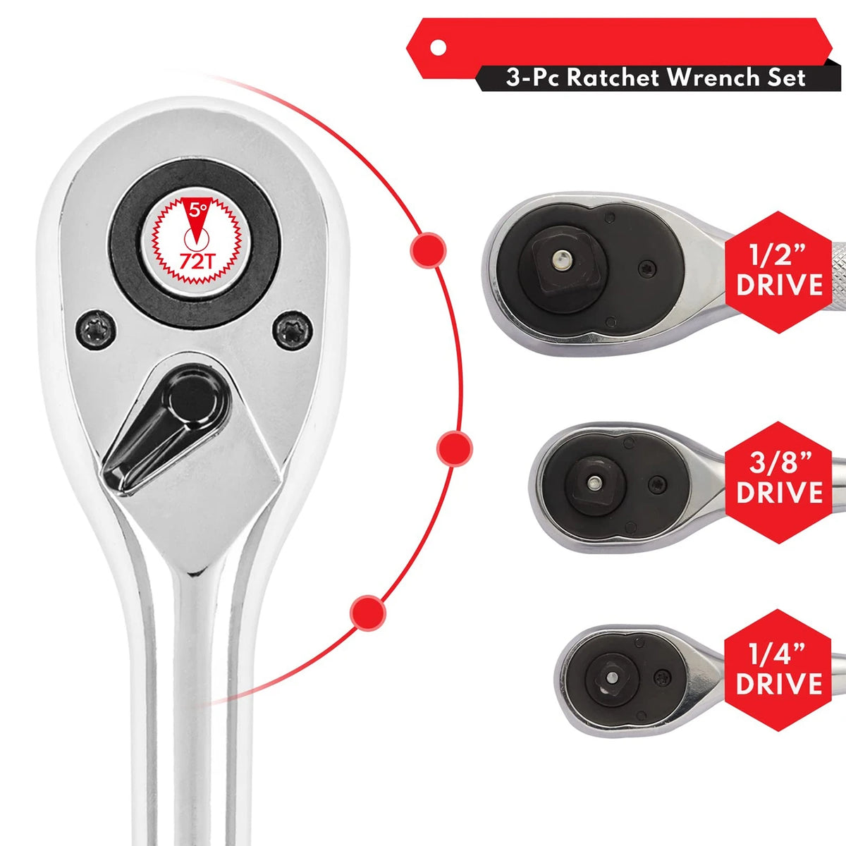 3pcs/set 1/4" 3/8" 1/2" Drive Ratchet Socket Wrench Kit, 3 Counts 72-Tooth Quick-Release Reversible Ratchet Set