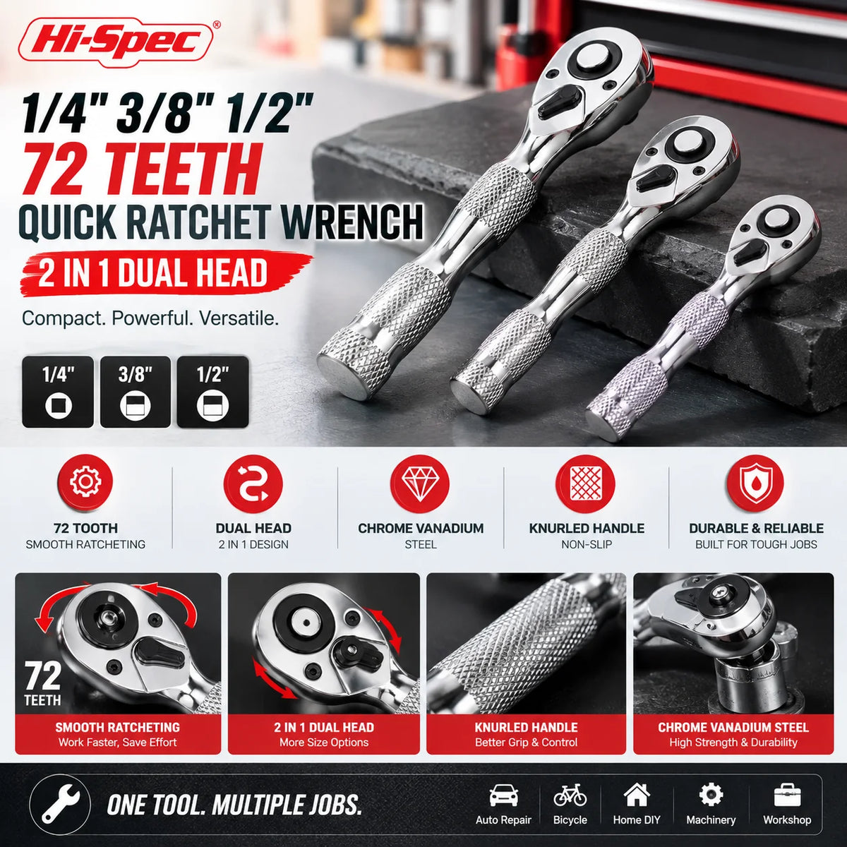 Hi-Spec 1/4" 3/8" 1/2" 72-Tooth Ratchet Wrench Set 2-in-1 Dual Head Reversible Socket Hand Tool for Auto Repair DIY