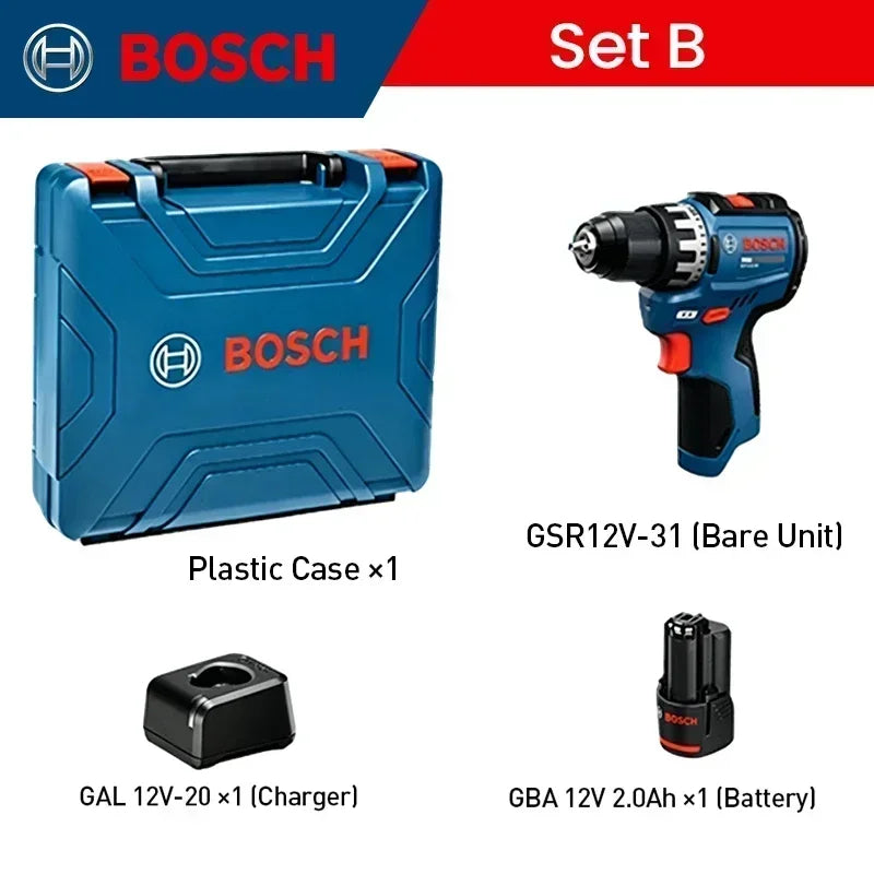 BOSCH GSR12V-31 Cordless Electric Drill Driver Rechargeable Screwdriver Kit High Torque Dual Speed Multifunctional Power Tool