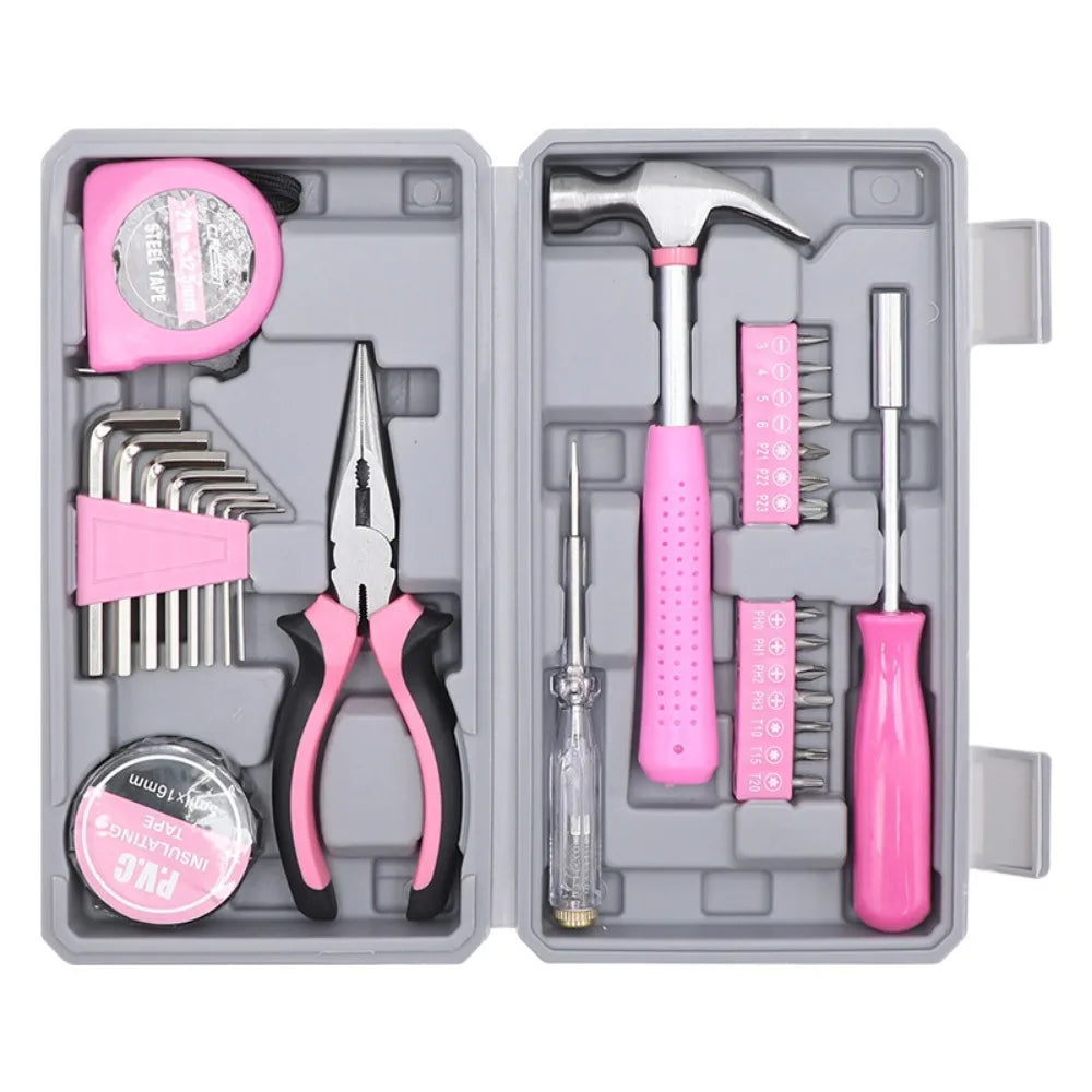 Tool Set 29pc Pink Household DIY Tool Kit for Women. Small Mini Tool Box Set of Starter Basic Ladies Tools
