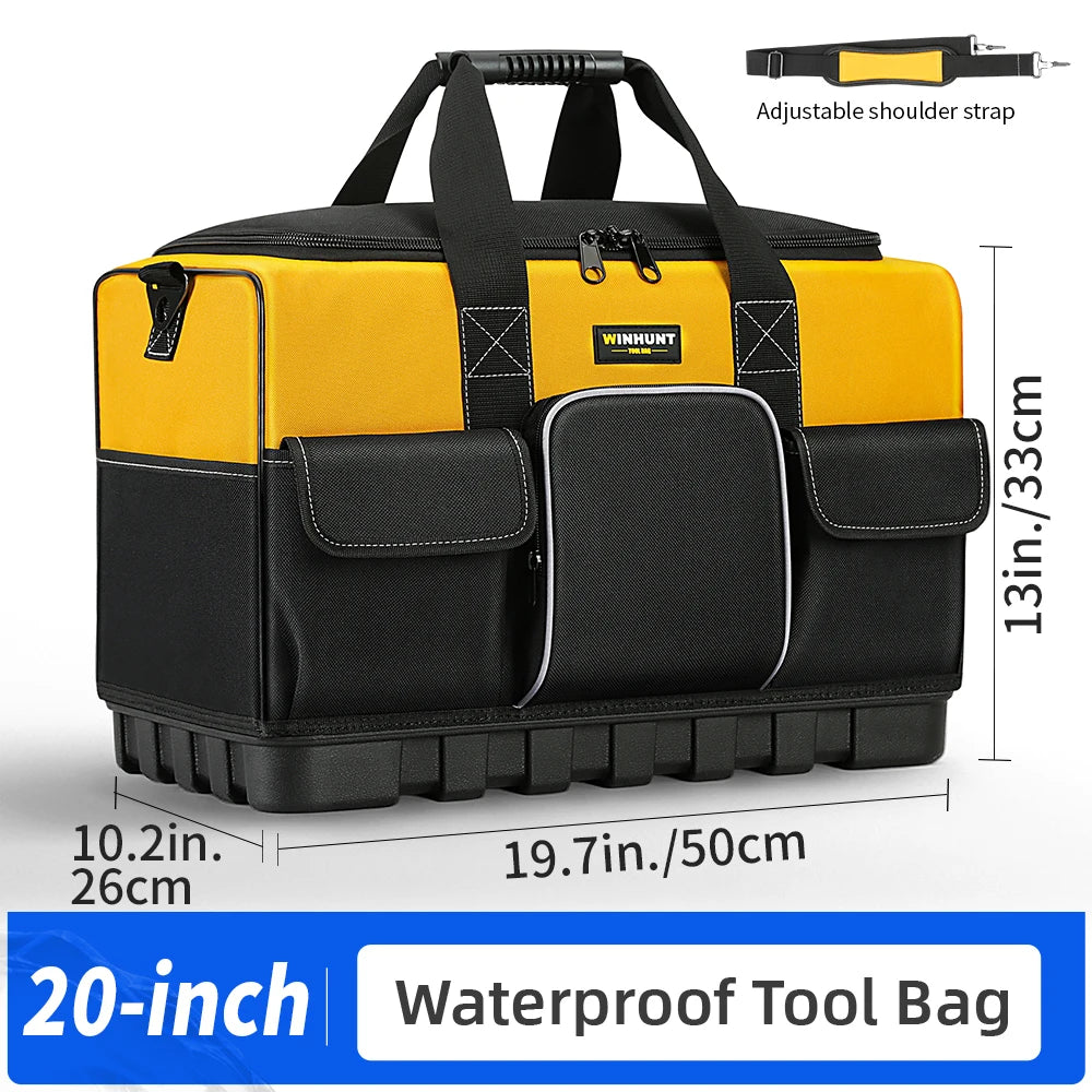 Heavy-Duty Tool Bag with Wide Mouth & Molded Bottom - Adjustable Shoulder Strap, Durable Polyester, Yellow/Black