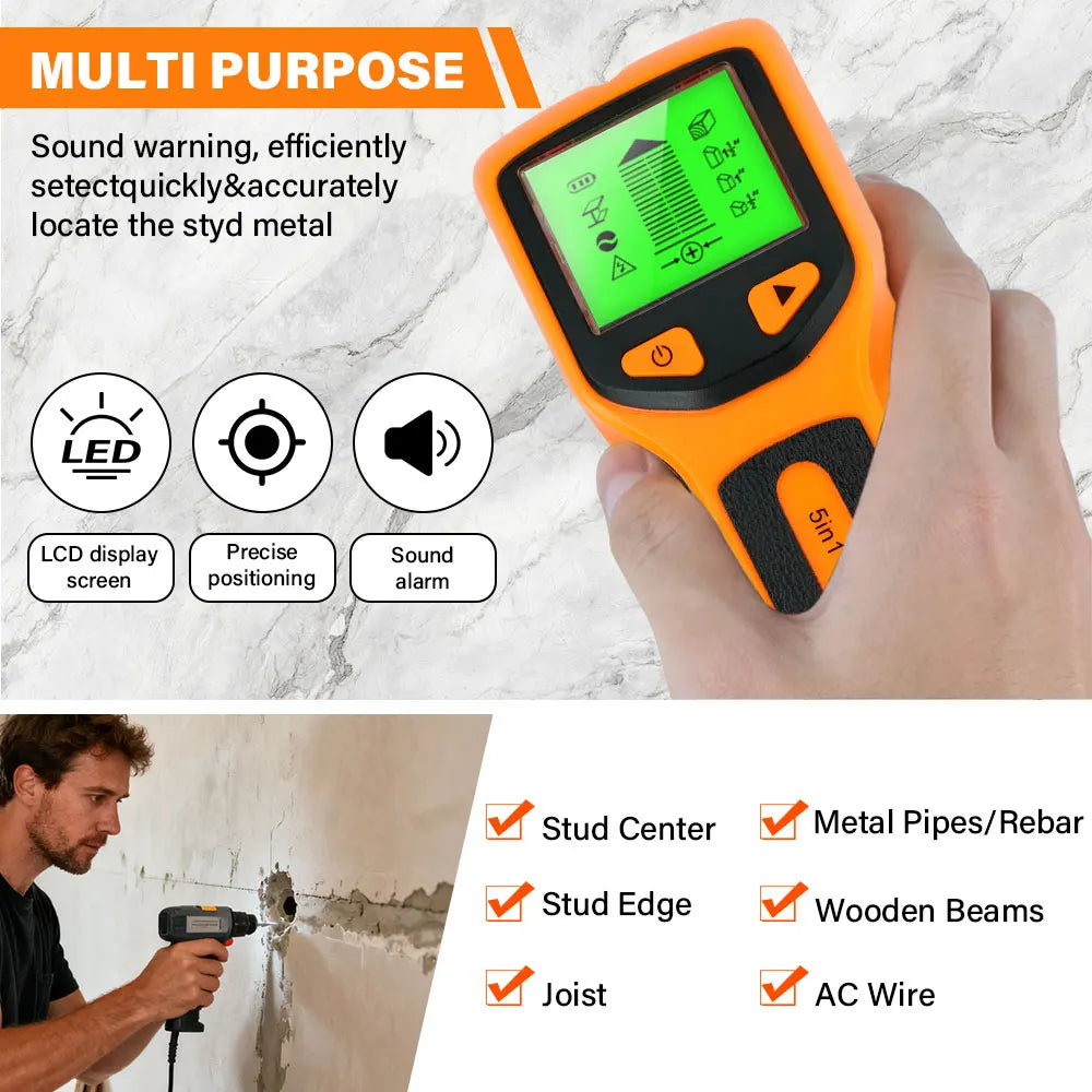 Handheld 5 in 1 Digital Wall Stud Detector Wood Scanner Metal Finder for Live AC Wires Cables PVC Water Pipe