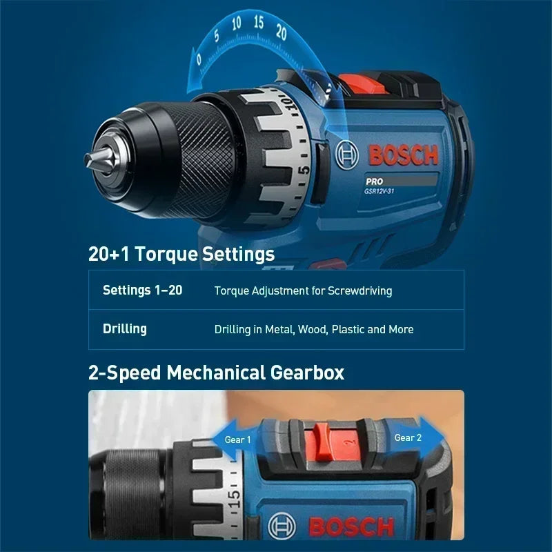 BOSCH GSR12V-31 Cordless Electric Drill Driver Rechargeable Screwdriver Kit High Torque Dual Speed Multifunctional Power Tool
