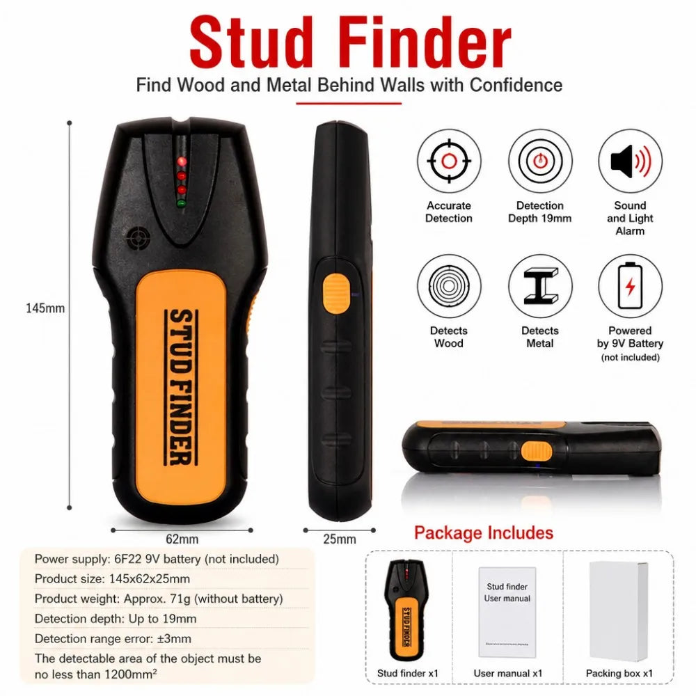 Stud Finder Wall Detector, Electronic Wood & Metal Sensor, 20mm Deep Scan Tool for Home DIY Renovation with Sound Alarm