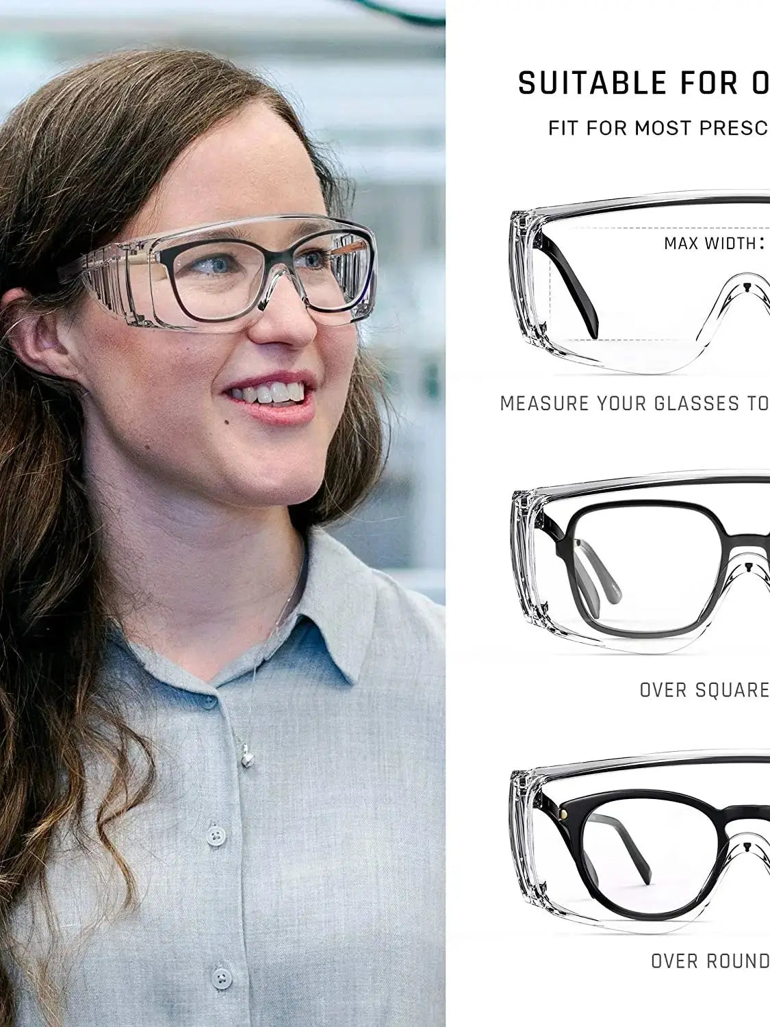 2 Pack Safety Glasses over Glasses Anti Fog Goggles Clear PC Frame Spectacles for Lab Medical and Daily Use