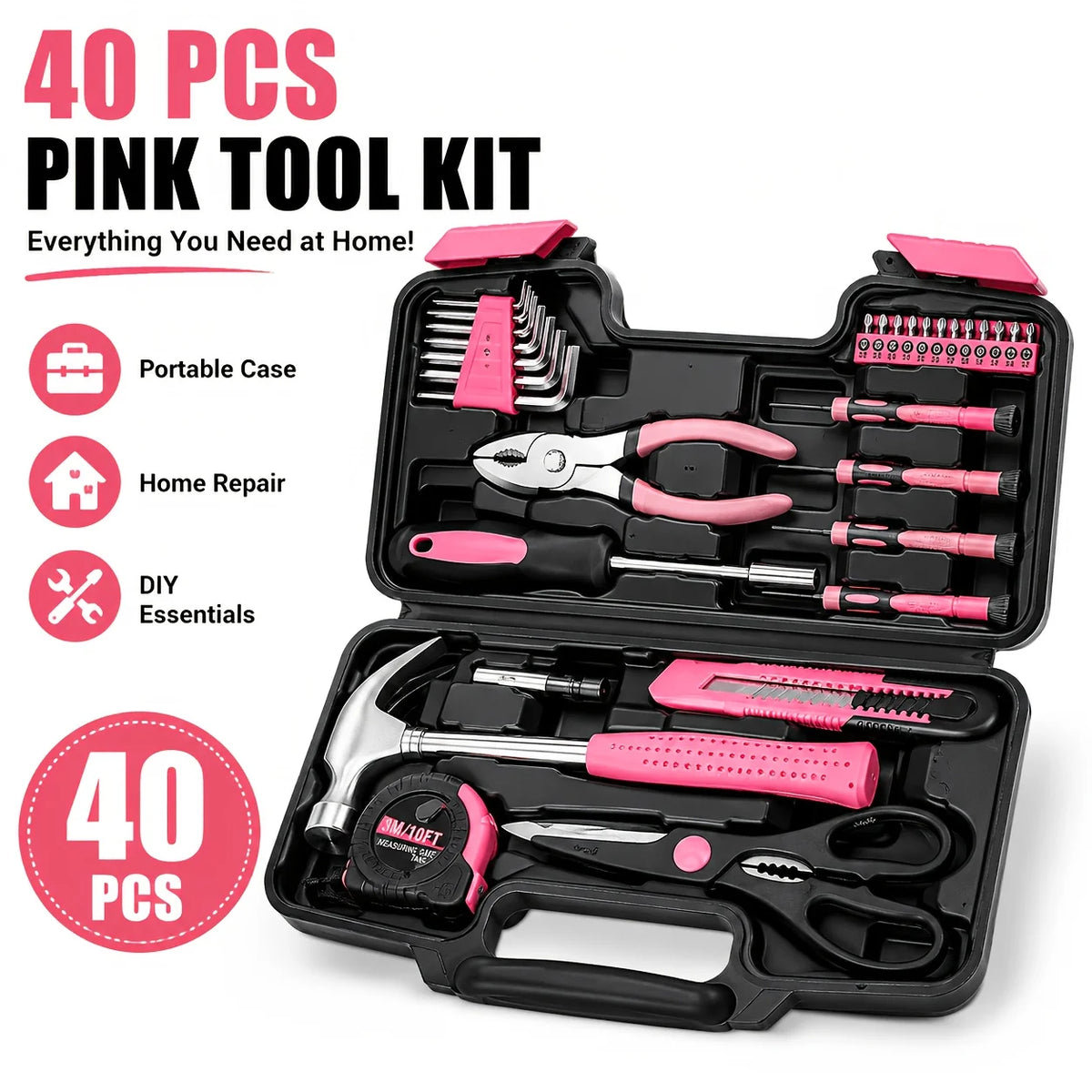 40PCS Pink Household Tool Kit with Storage Case, Hammer Pliers Screwdrivers Hex Keys Tape Measure Utility Knife DIY Repair Set