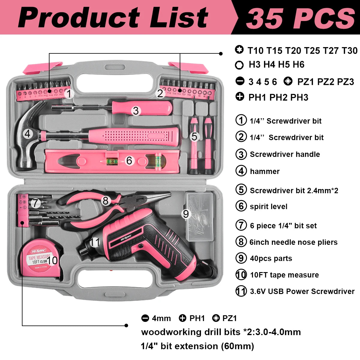 Pink 35/56/67/71pcs Household Hand Tool Set, Hardware Kit, Household Tool Set, Industrial Tool Set Automotive Maintenance Tools