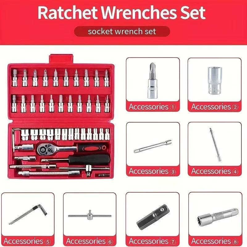 46pcs Repair Tool Kit1/4InchSocket Set with Ratchet Torque Wrench Auto Mechanic Repair Tools for Cars and Automotive Maintenance