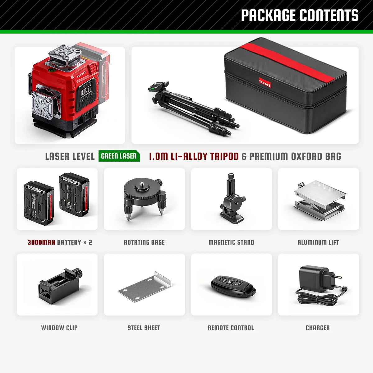 YEVOLT 16‑Line Green Laser Level 4×360° Planes Gravity Self‑Adjust Slope Function Type‑C Power Build & Tile