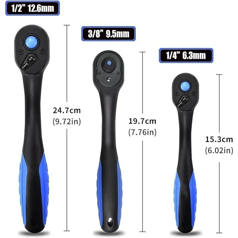 72 Tooth Mechanism Ratchet Wrench Set with Curved Handle for 1/4 3/8 1/2 Inch Sockets Efficient Swing Angle for Tight Spots