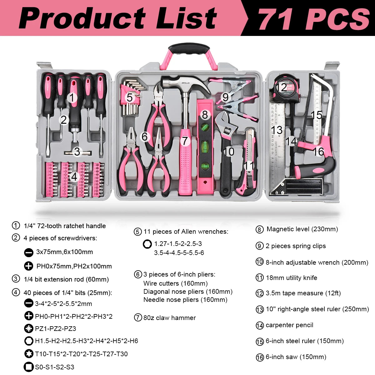 Pink 35/56/67/71pcs Household Hand Tool Set, Hardware Kit, Household Tool Set, Industrial Tool Set Automotive Maintenance Tools