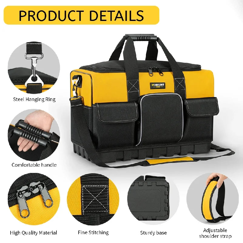 Heavy-Duty Tool Bag with Wide Mouth & Molded Bottom - Adjustable Shoulder Strap, Durable Polyester, Yellow/Black