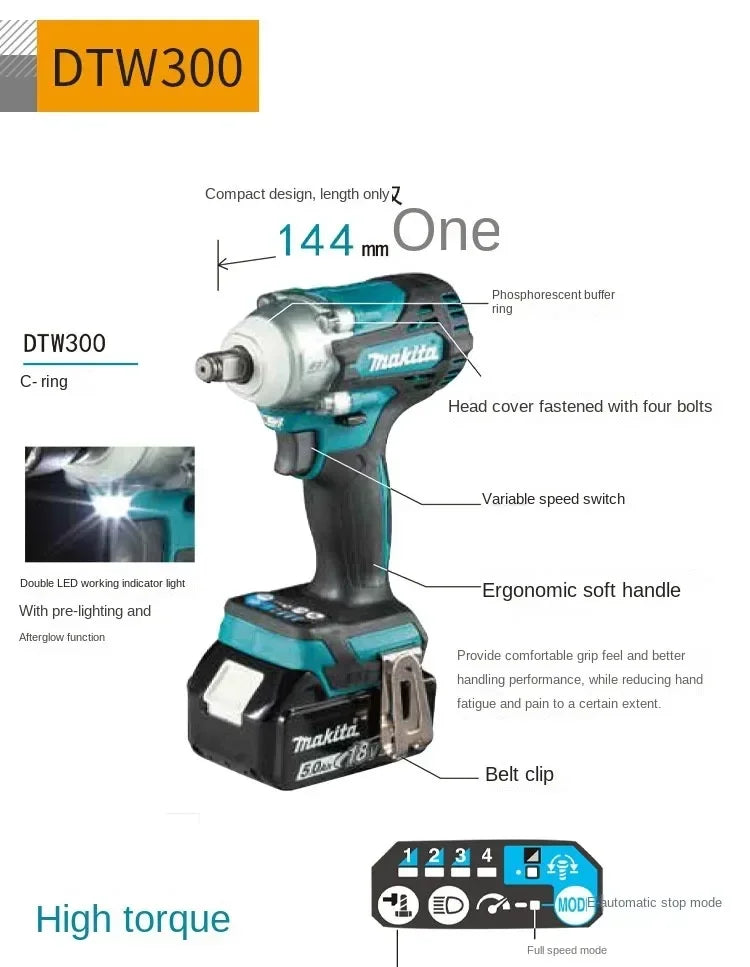 Makita Wireless drills  power tools Impact Wrench DTW300 Brushless Charging High Torque Auto Repair Tire 18V Lithium Electric