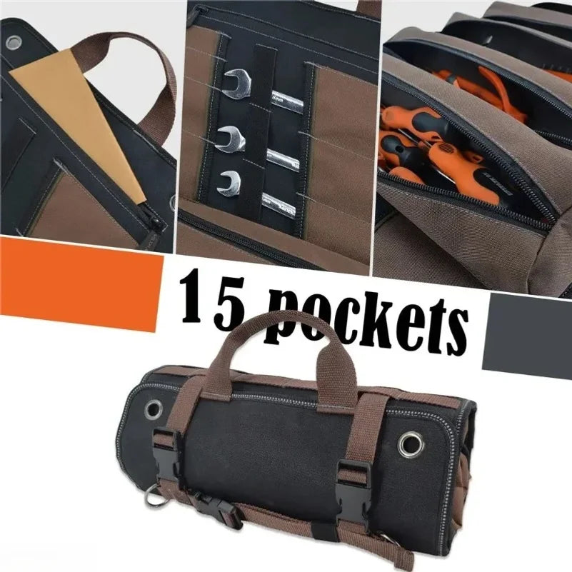 1680D Heavy Duty Waxed Canvas Tool Roll Up Bag, 15-Pockets Professional Organizer for Mechanic Electrician, Waterproof Tool Wrap