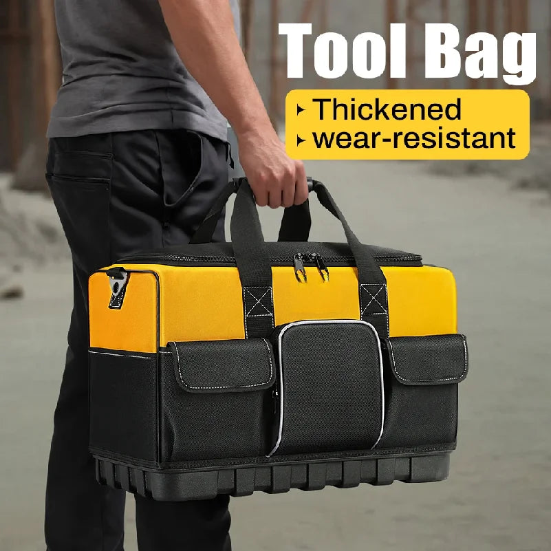 Heavy-Duty Tool Bag with Wide Mouth & Molded Bottom - Adjustable Shoulder Strap, Durable Polyester, Yellow/Black