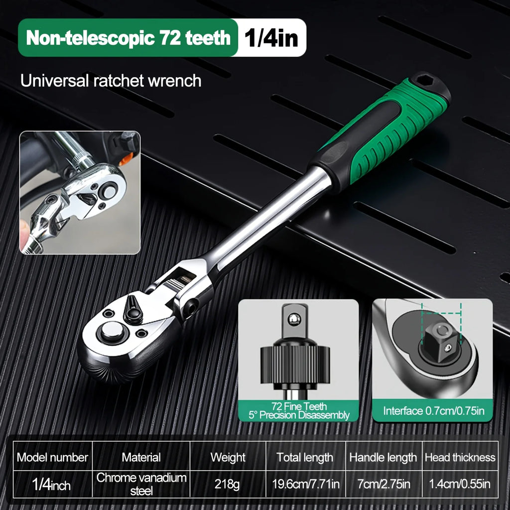 72-Tooth Ratchet Wrench Set, Chrome Vanadium Steel, Automatic Two-Way Mechanism, Stretchable, Ergonomic Grip, with Quick Socket