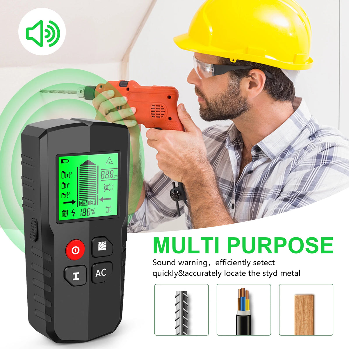 5 in 1 Stud Finder Metal Detector AC Wood Stud Finder Cable Wires Depth Tracker LCD Electronic Wall Scanner Positioning Tool